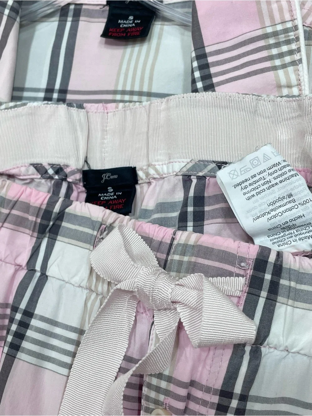 J. Crew Cotton Pajamas 2 Piece SET S Pink Grey Plaid Longsleeve Button Top Pants